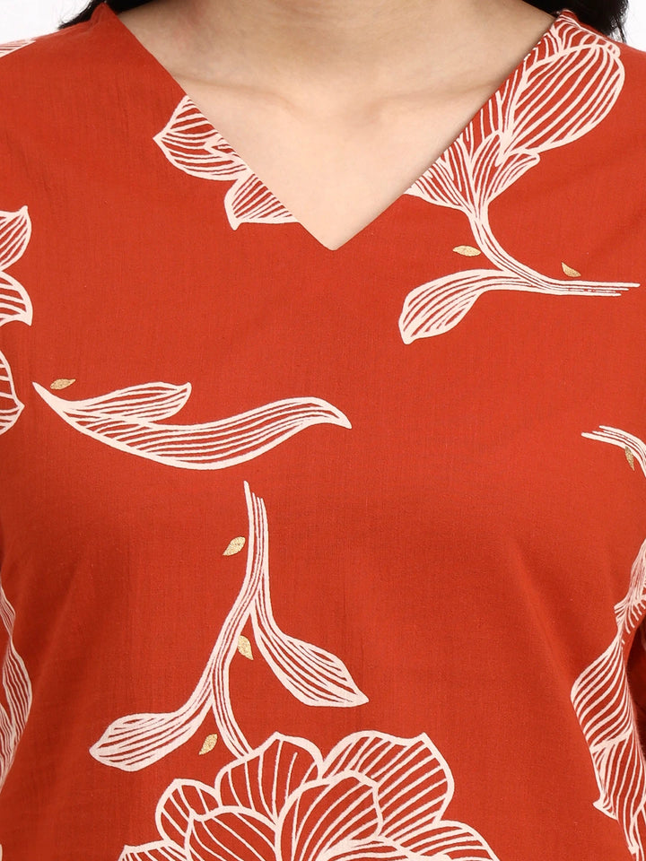 Rust Cotton Straight Kurta Pant Dupatta Set