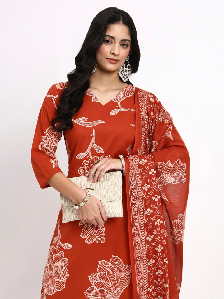Rust Cotton Straight Kurta Pant Dupatta Set