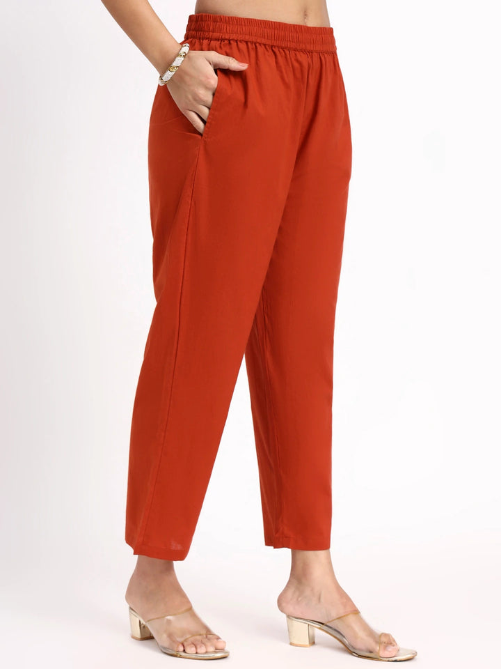 Rust Cotton Straight Kurta Pant Dupatta Set