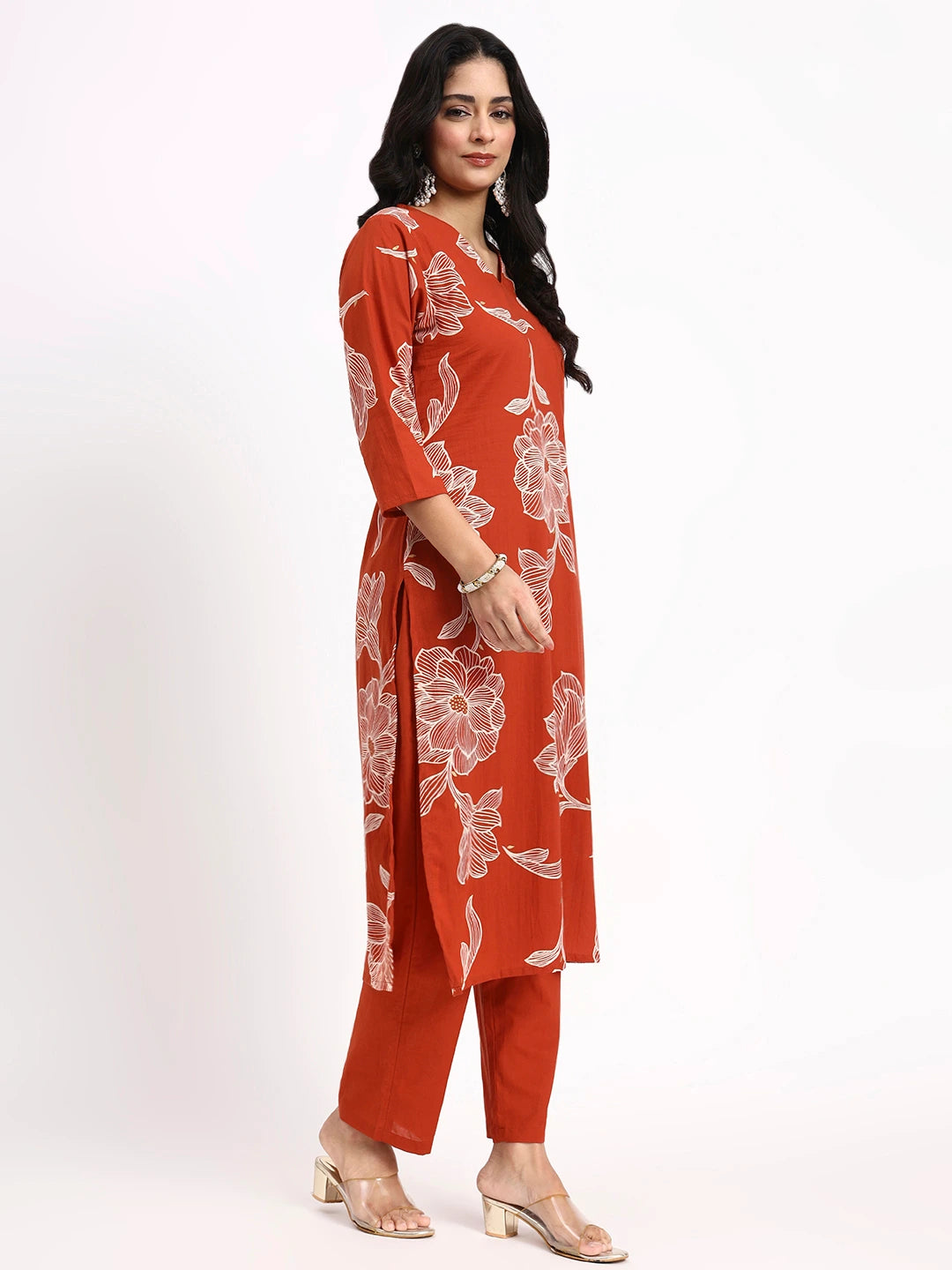 Rust Cotton Straight Kurta Pant Dupatta Set