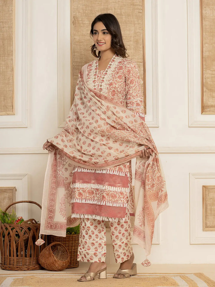 Rust Floral_Print Cotton Straight Tassel Work Kurta And Trousers With Dupatta-Yufta Store-6976SKDRTM