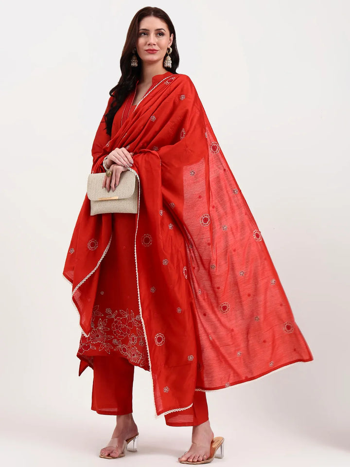 Rust Kantha Work Chanderi Silk A-Line Kurta Trouser Dupatta Set