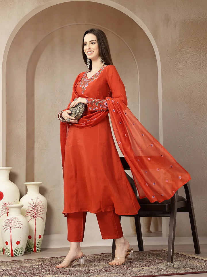 Rust Mul Chanderi Anarkali Kurta Dupatt Pant Set