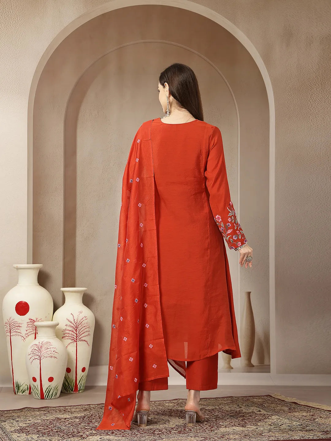 Rust Mul Chanderi Anarkali Kurta Dupatt Pant Set