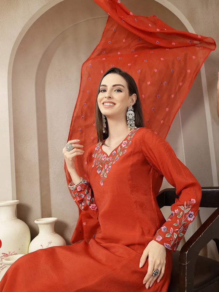 Rust Mul Chanderi Anarkali Kurta Dupatt Pant Set