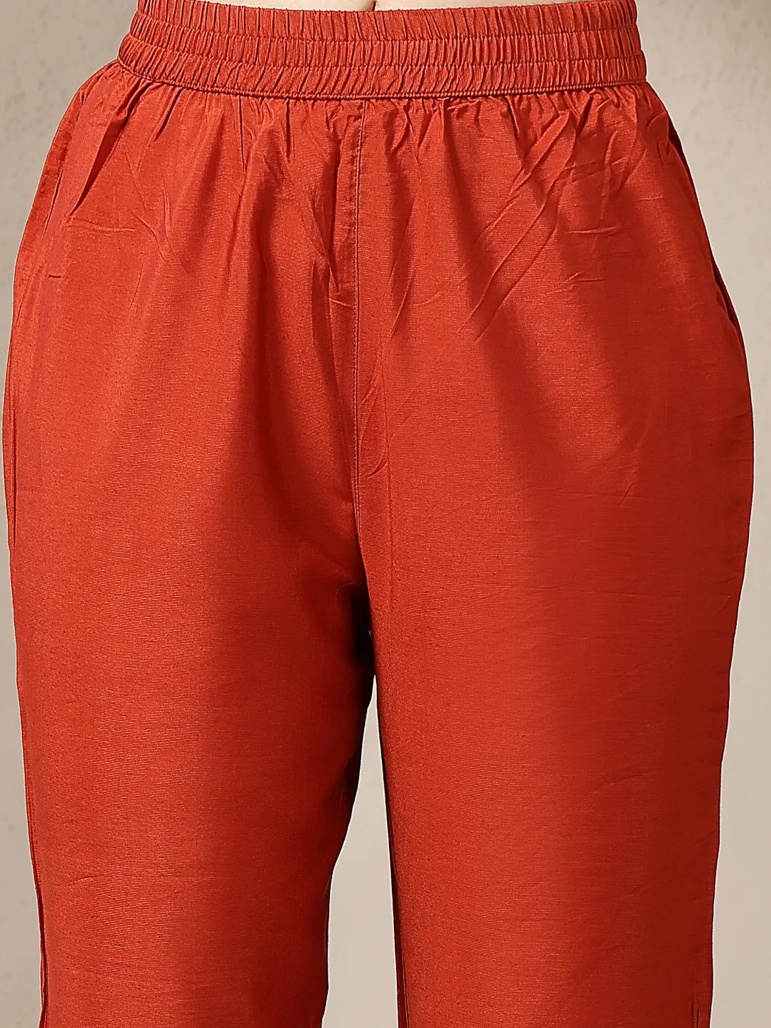 Rust Mul Chanderi Anarkali Kurta Dupatt Pant Set