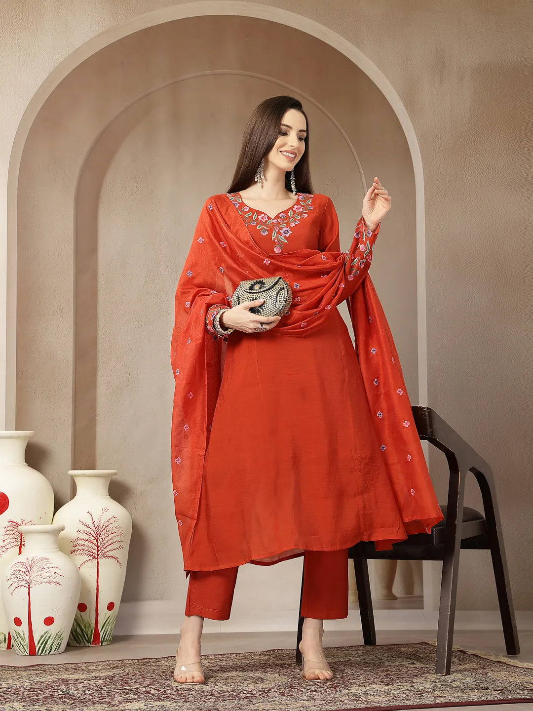 Rust Mul Chanderi Anarkali Kurta Dupatt Pant Set