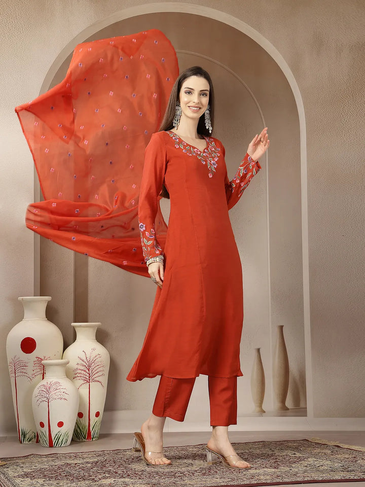 Rust Mul Chanderi Anarkali Kurta Dupatt Pant Set
