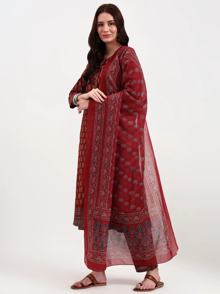 Rust Pure Cotton A Flared Kurta Set With Pant And Dupatta