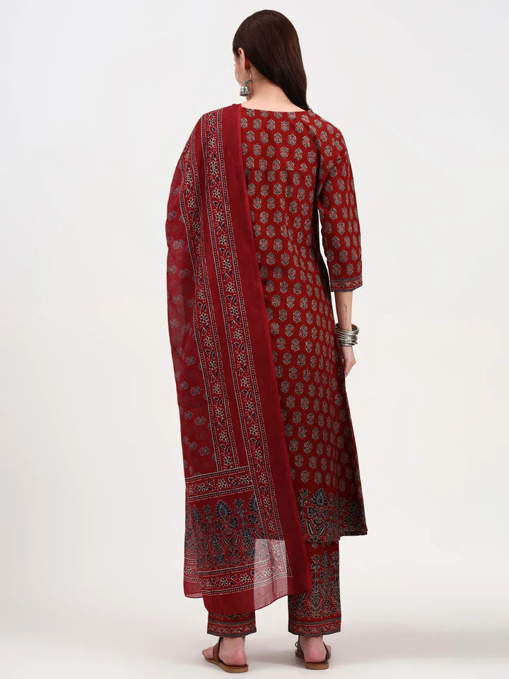 Rust Pure Cotton A Flared Kurta Set With Pant And Dupatta