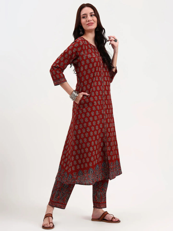 Rust Pure Cotton A Flared Kurta Set With Pant And Dupatta