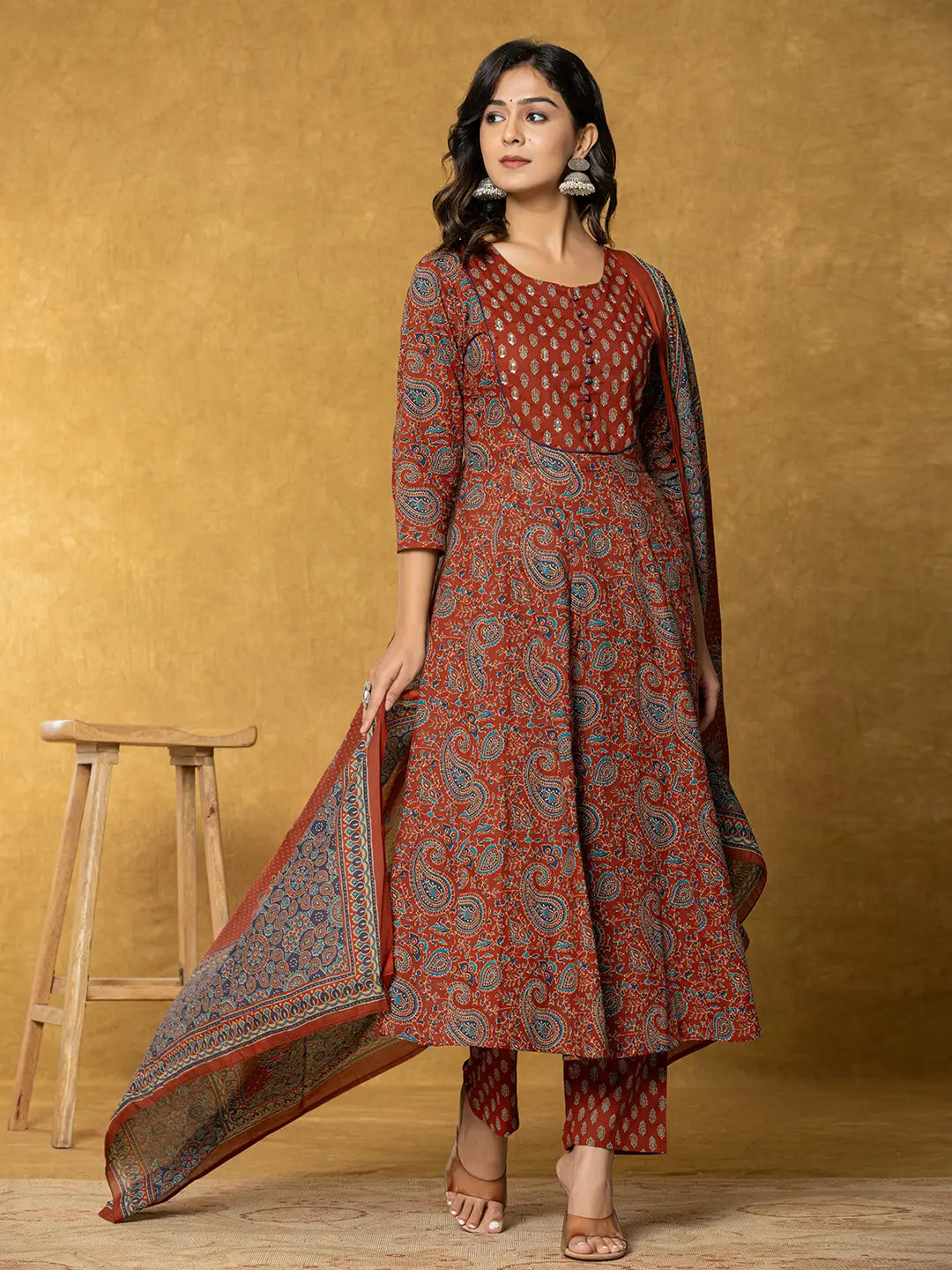 Rust Sequins_Work Cotton Anarkali Kurta Dupatta Set-Yufta Store-1932SKDRTS