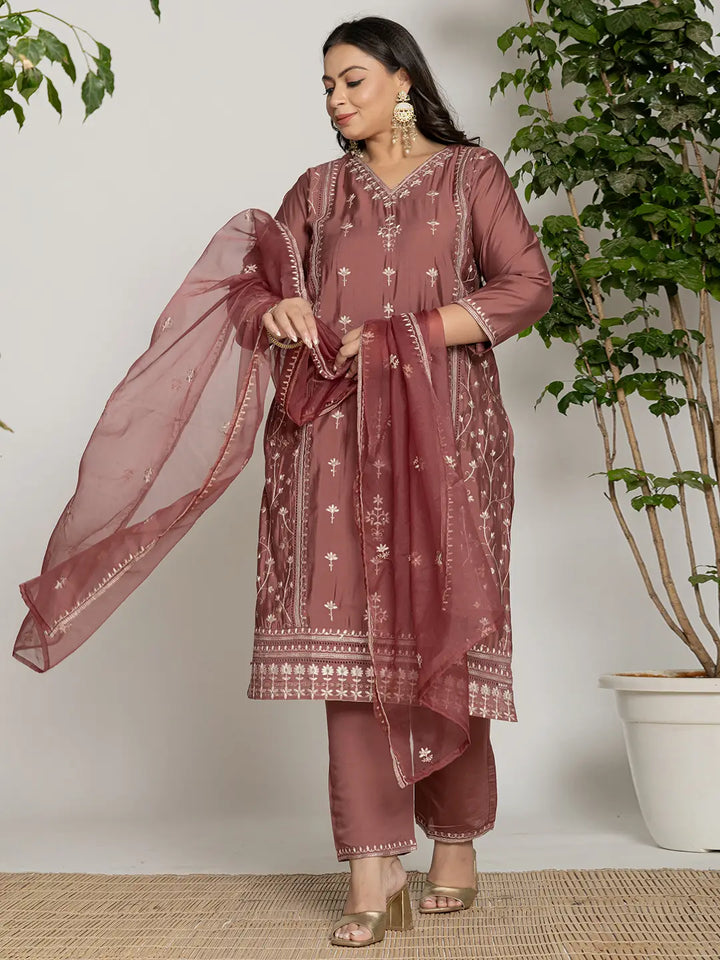 Rust Silk Plus Size Kurta Dupatta Pant Set-Yufta Store-7282PSKDRT3XL