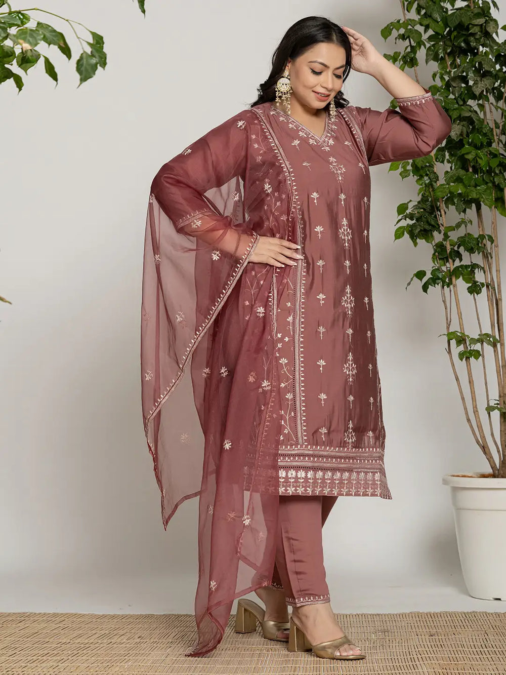 Rust Silk Plus Size Kurta Dupatta Pant Set-Yufta Store-7282PSKDRT3XL