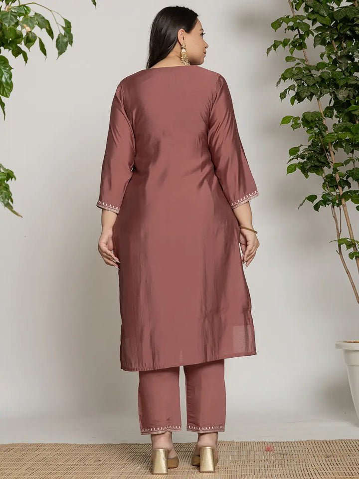 Rust Silk Plus Size Kurta Dupatta Pant Set-Yufta Store-7282PSKDRT3XL