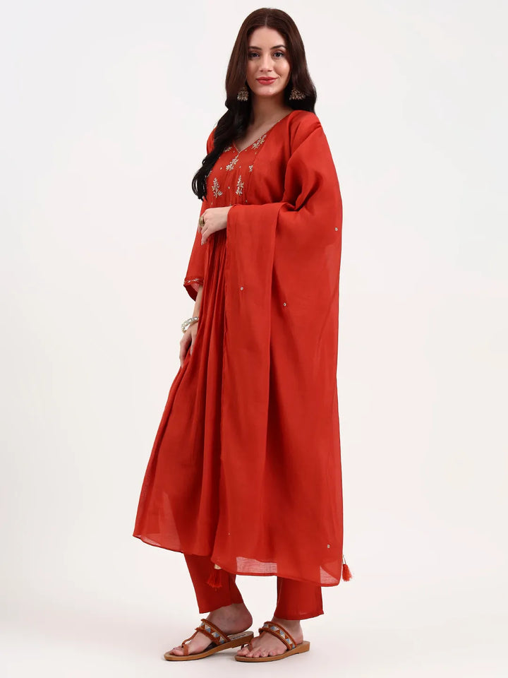 Rust Solid Chanderi Silk A-Line Kurta Trouser Dupatta Set