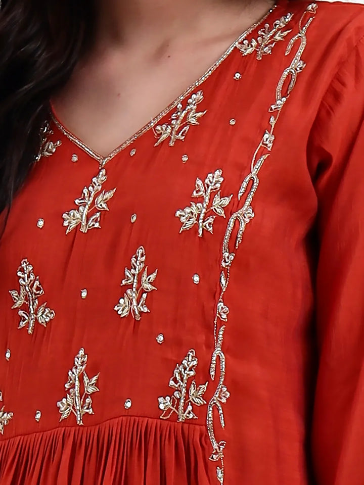 Rust Solid Chanderi Silk A-Line Kurta Trouser Dupatta Set