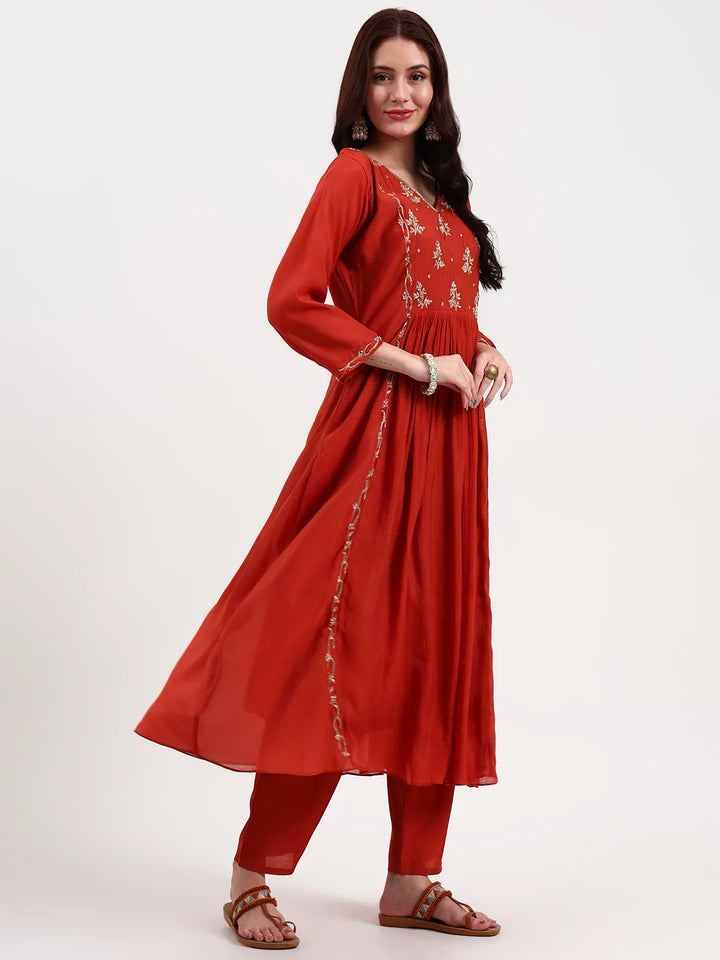 Rust Solid Chanderi Silk A-Line Kurta Trouser Dupatta Set
