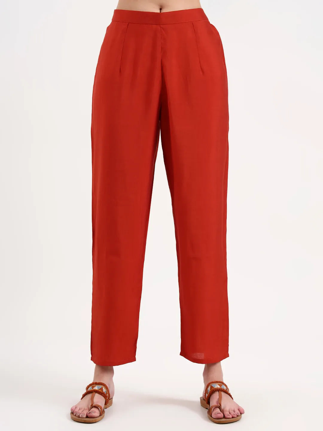 Rust Solid Chanderi Silk A-Line Kurta Trouser Dupatta Set