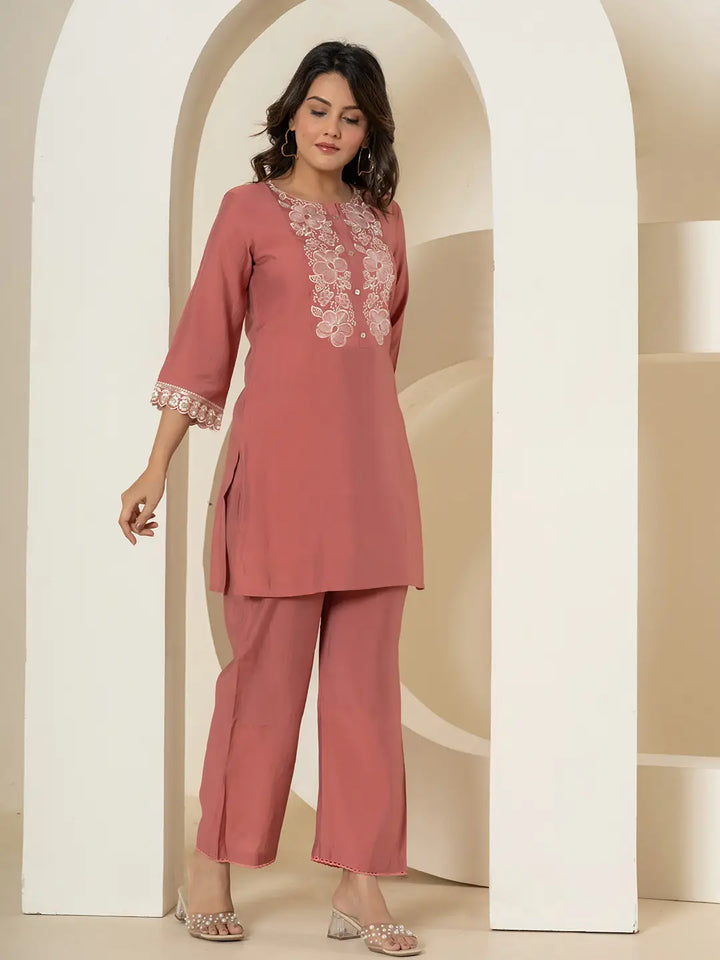 Rust Thread_Work Shirt And Trouser Silk Blend Co-Ord Set-Yufta Store-7290CRDRTS