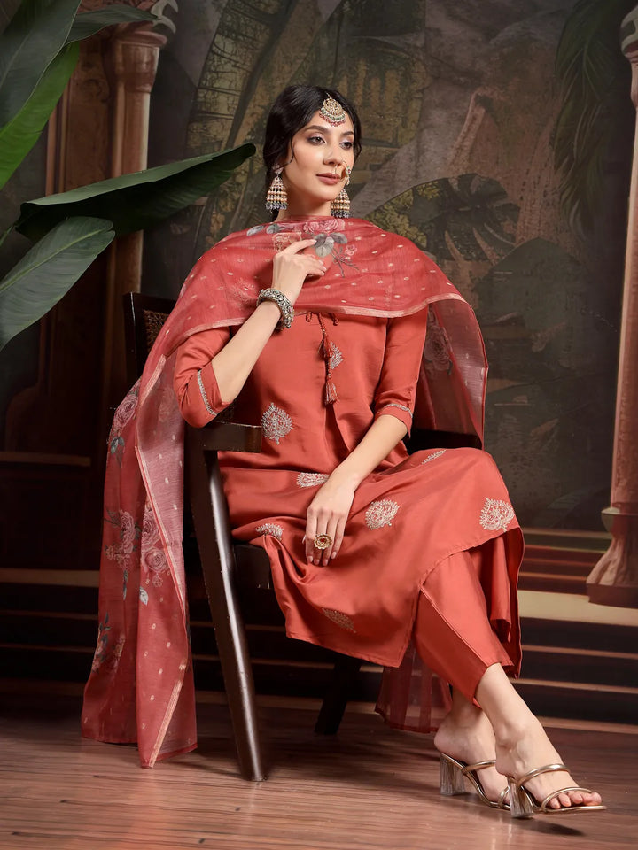 Rust Zari-Work A-Line Kurta Trouser Dupatta Set