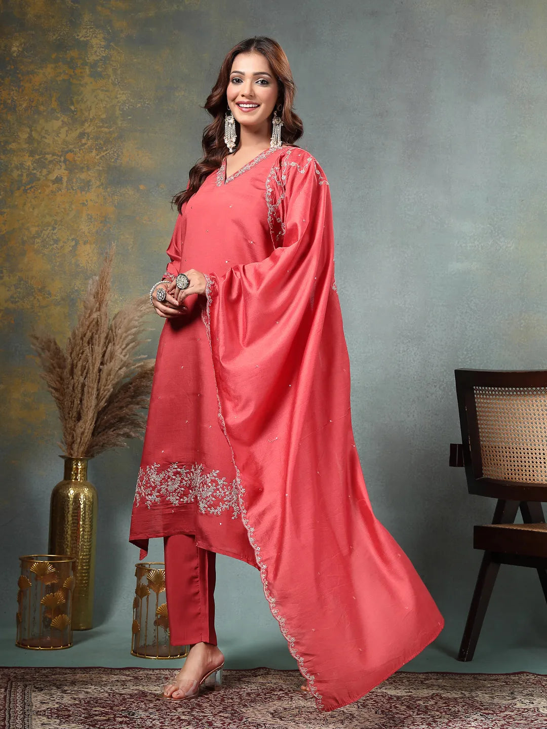 Rust Zari Work A-Line Roman Silk Kurta Trouser Dupatta Set-Yufta Store-6756SKDRTM