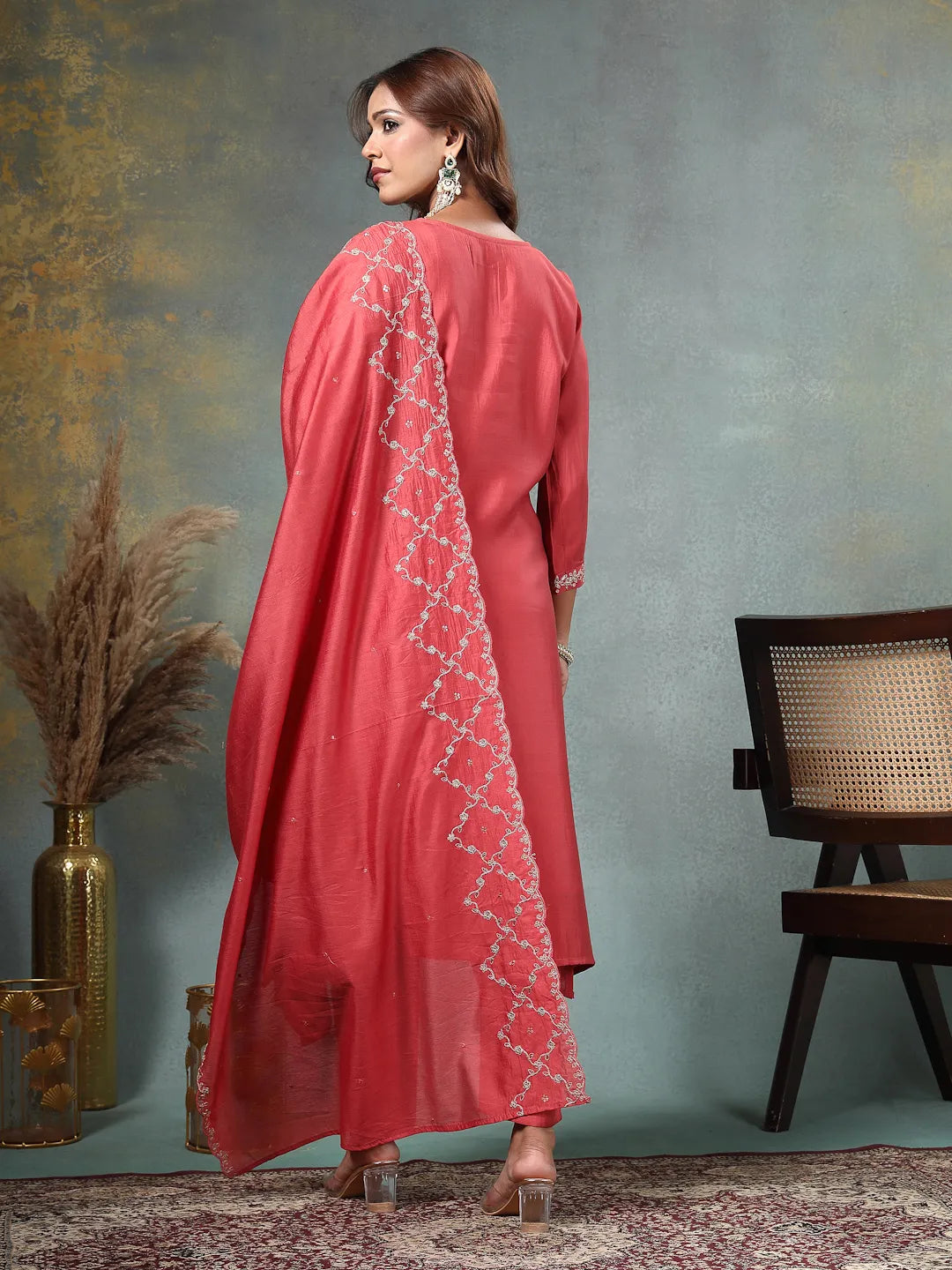 Rust Zari Work A-Line Roman Silk Kurta Trouser Dupatta Set-Yufta Store-6756SKDRTM