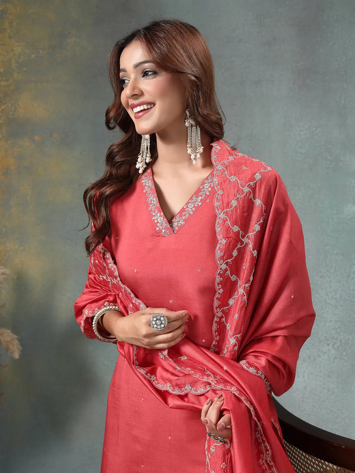 Rust Zari Work A-Line Roman Silk Kurta Trouser Dupatta Set-Yufta Store-6756SKDRTM