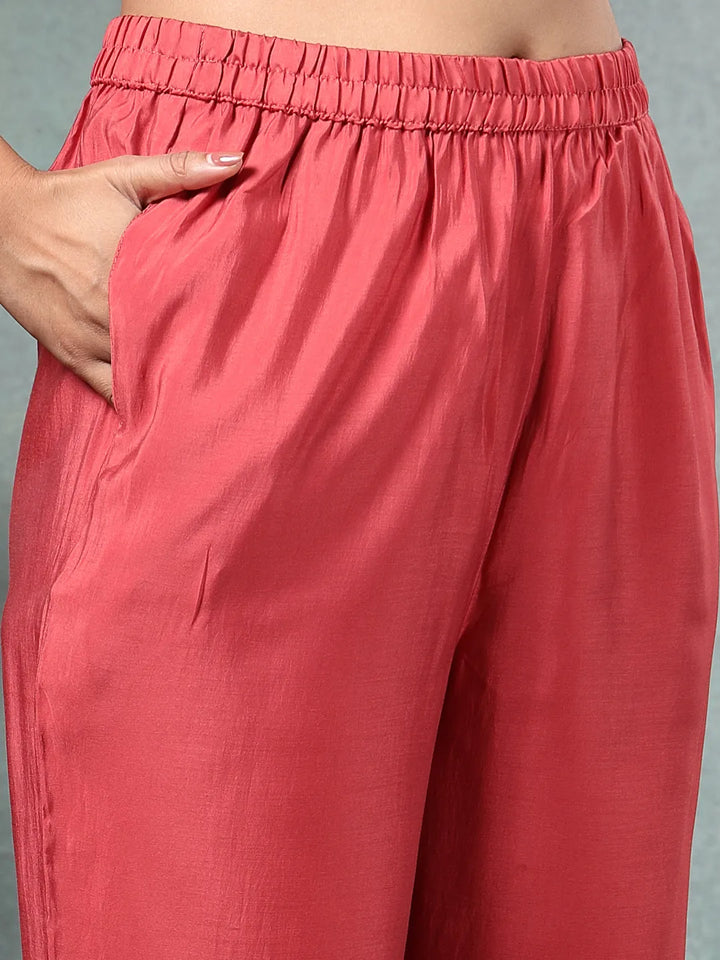 Rust Zari Work A-Line Roman Silk Kurta Trouser Dupatta Set-Yufta Store-6756SKDRTM