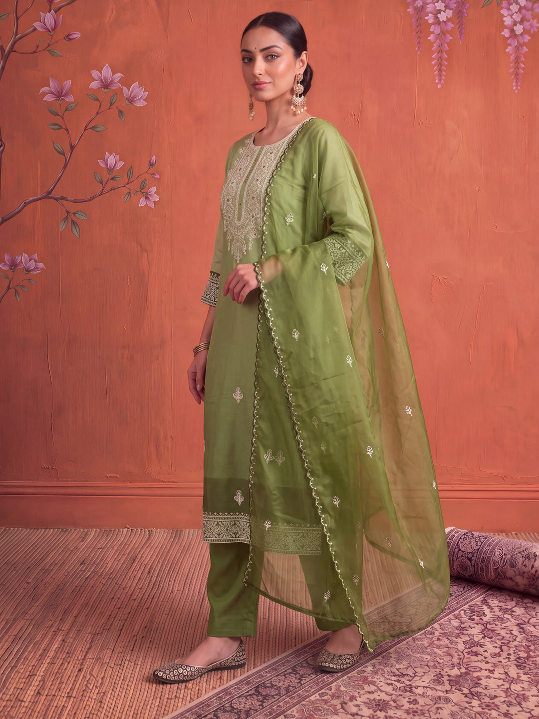 Silk Green Kurta Dupatta Pant Set