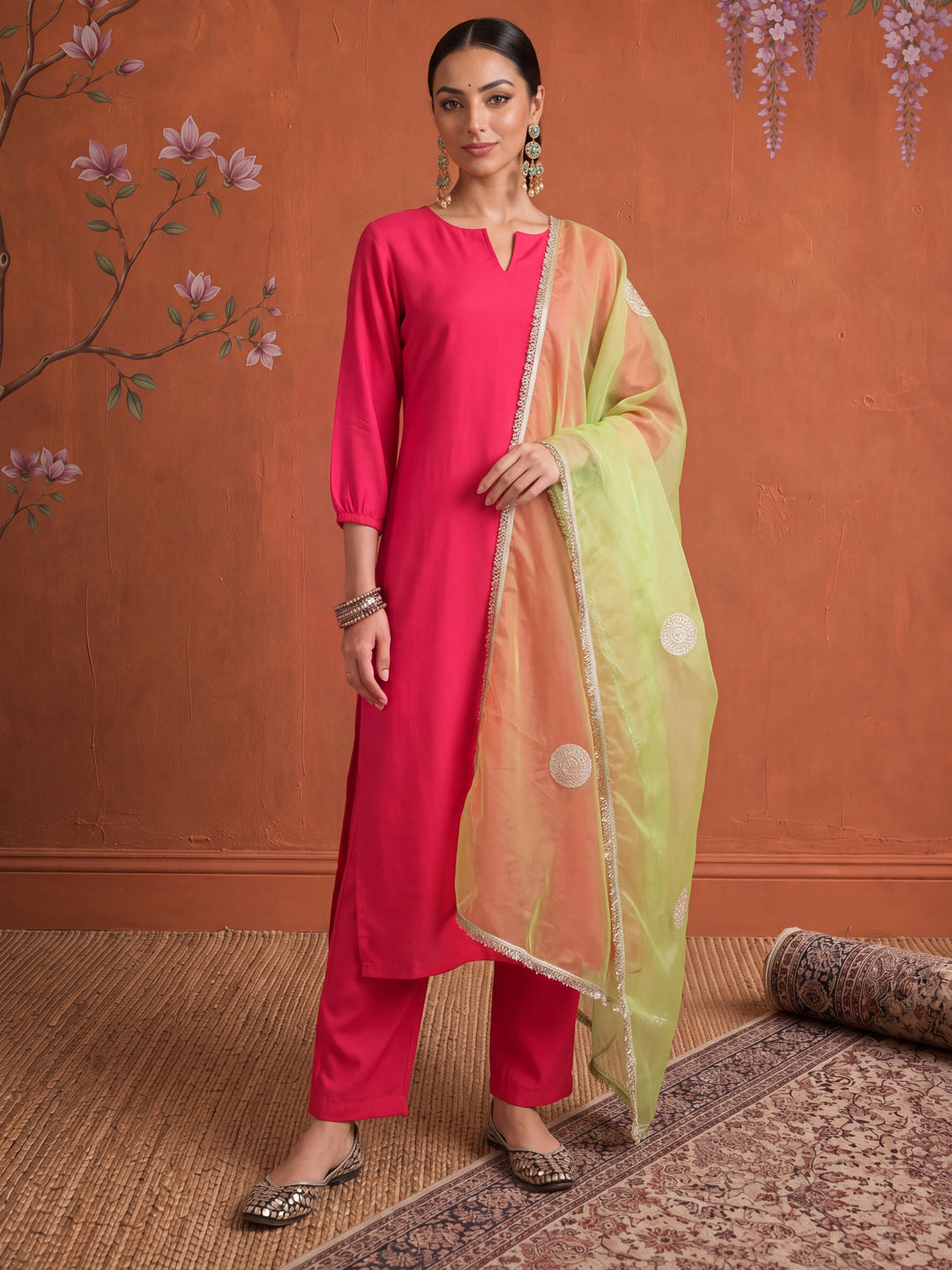 Pink Straight Solid Kurta Dupatta Set