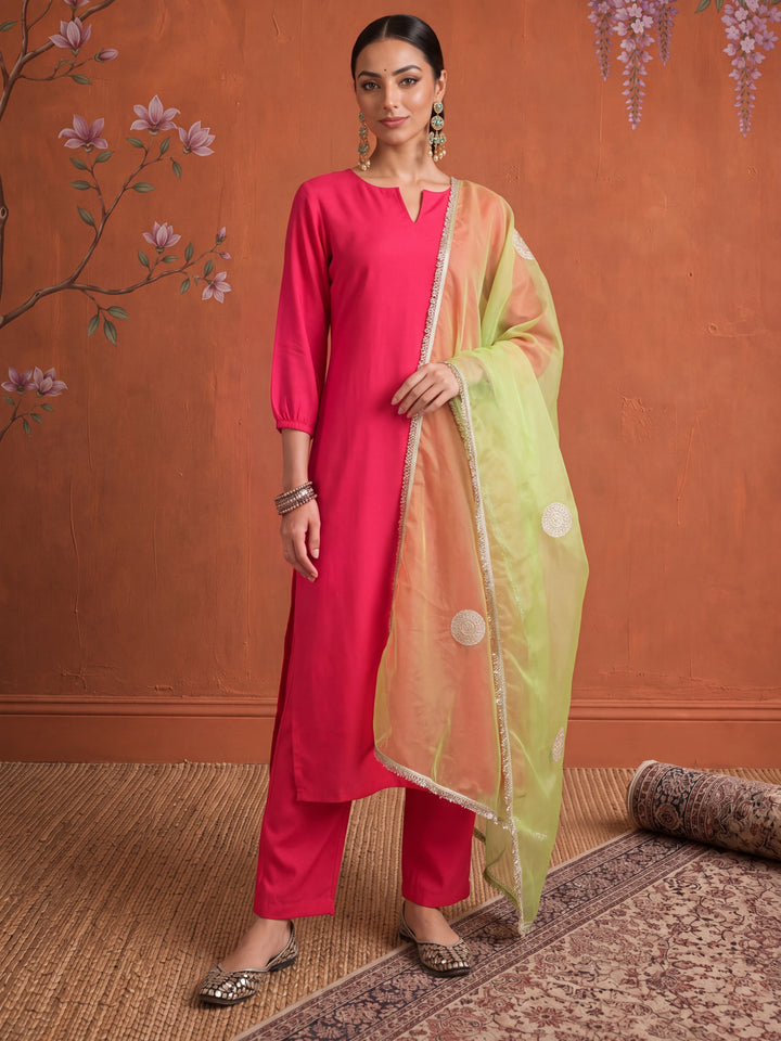 Pink Straight Solid Kurta Dupatta Set