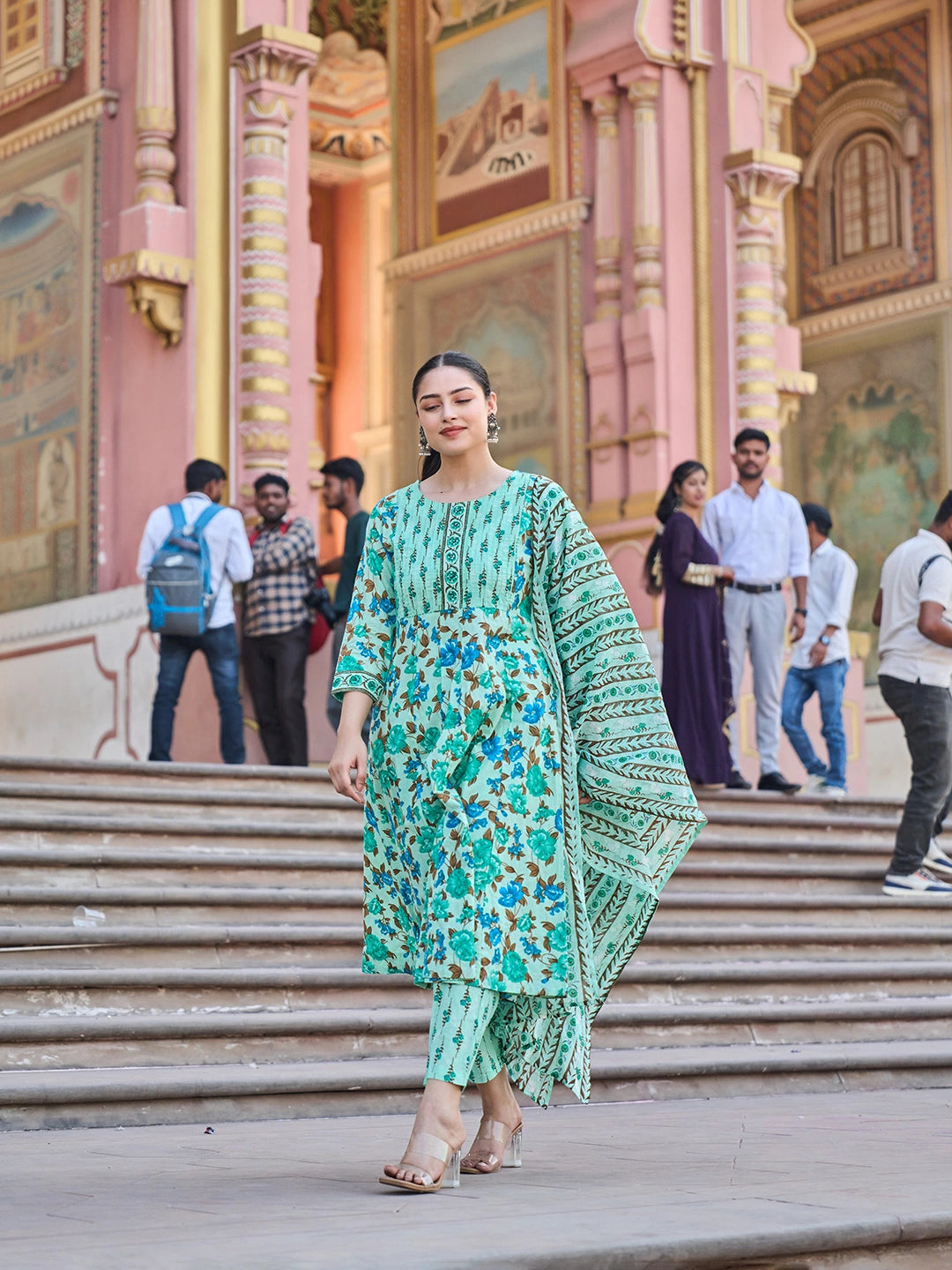 Sea Green Anarkali Pintuck Detailing Kurta Trouser Dupatta Set-Yufta Store-7558SKDSGM