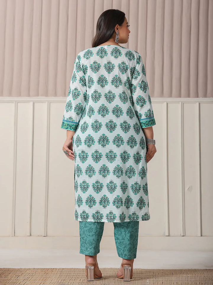 Sea Green And White Cotton Cutdana_Work Plus Size Kurta Set With Pant & Dupatta-Yufta Store-6246PSKDSG3XL