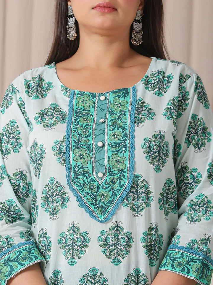 Sea Green And White Cotton Cutdana_Work Plus Size Kurta Set With Pant & Dupatta-Yufta Store-6246PSKDSG3XL