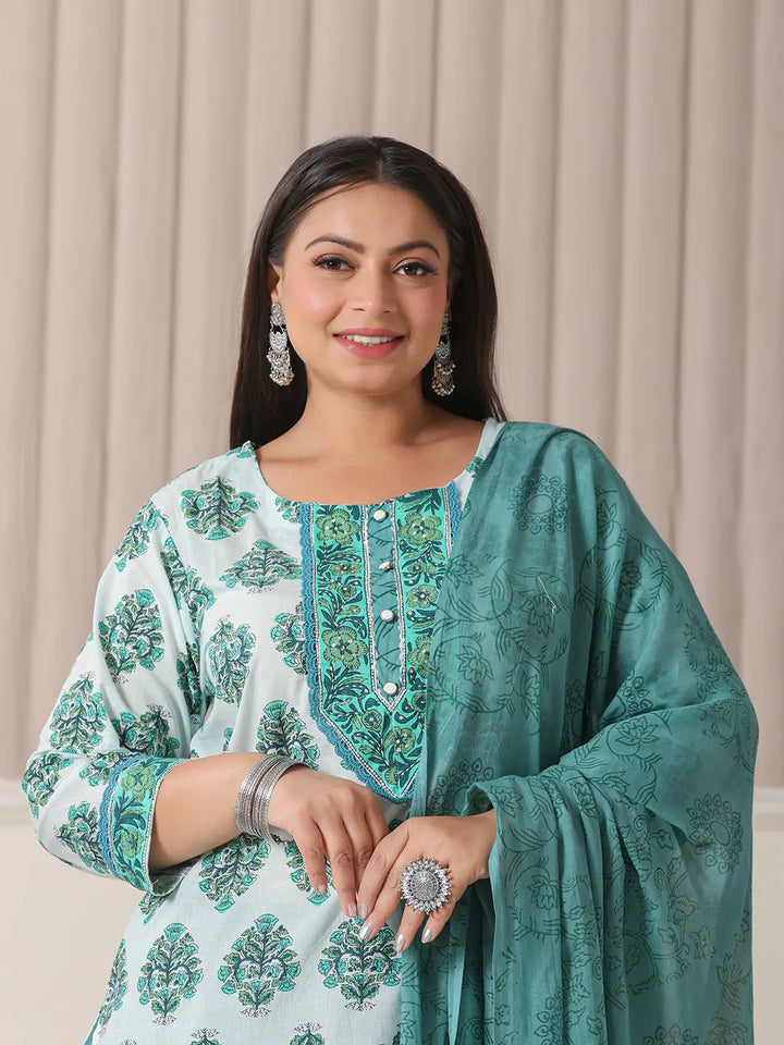 Sea Green And White Cotton Cutdana_Work Plus Size Kurta Set With Pant & Dupatta-Yufta Store-6246PSKDSG3XL