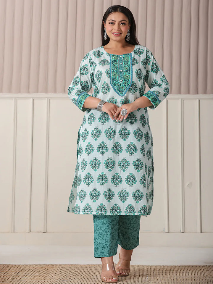 Sea Green And White Cotton Cutdana_Work Plus Size Kurta Set With Pant & Dupatta-Yufta Store-6246PSKDSG3XL
