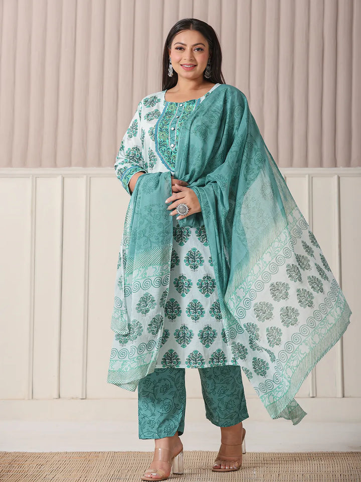 Sea Green And White Cotton Cutdana_Work Plus Size Kurta Set With Pant & Dupatta-Yufta Store-6246PSKDSG3XL