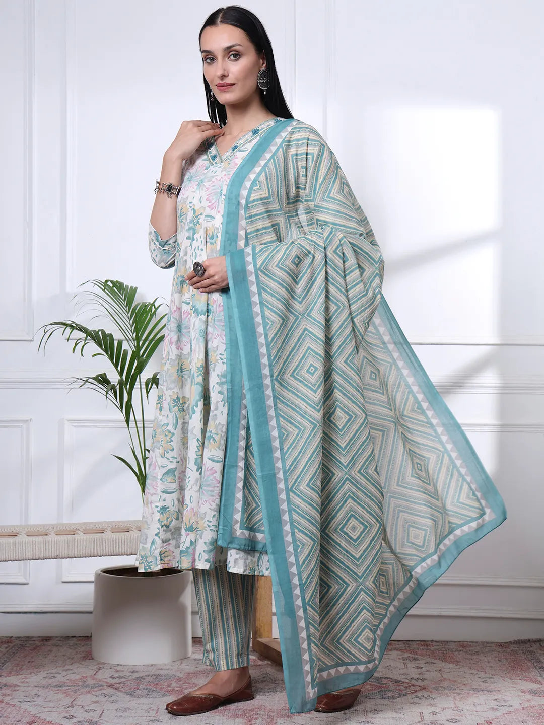 Sea Green And White Floral Print Anarkali Kurta Trouser Dupatta Set