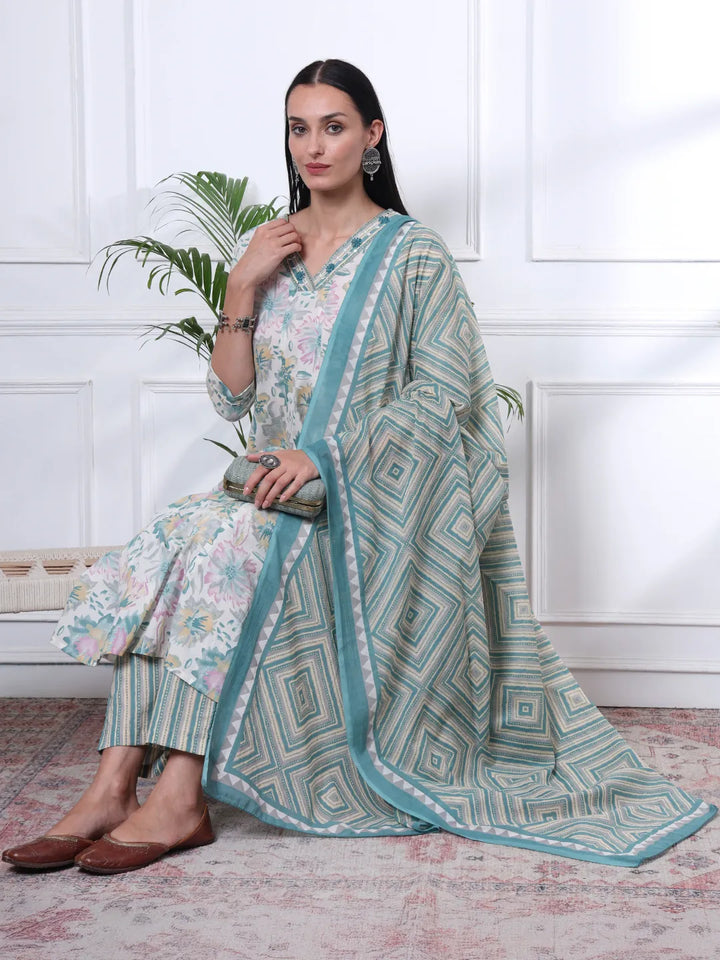 Sea Green And White Floral Print Anarkali Kurta Trouser Dupatta Set