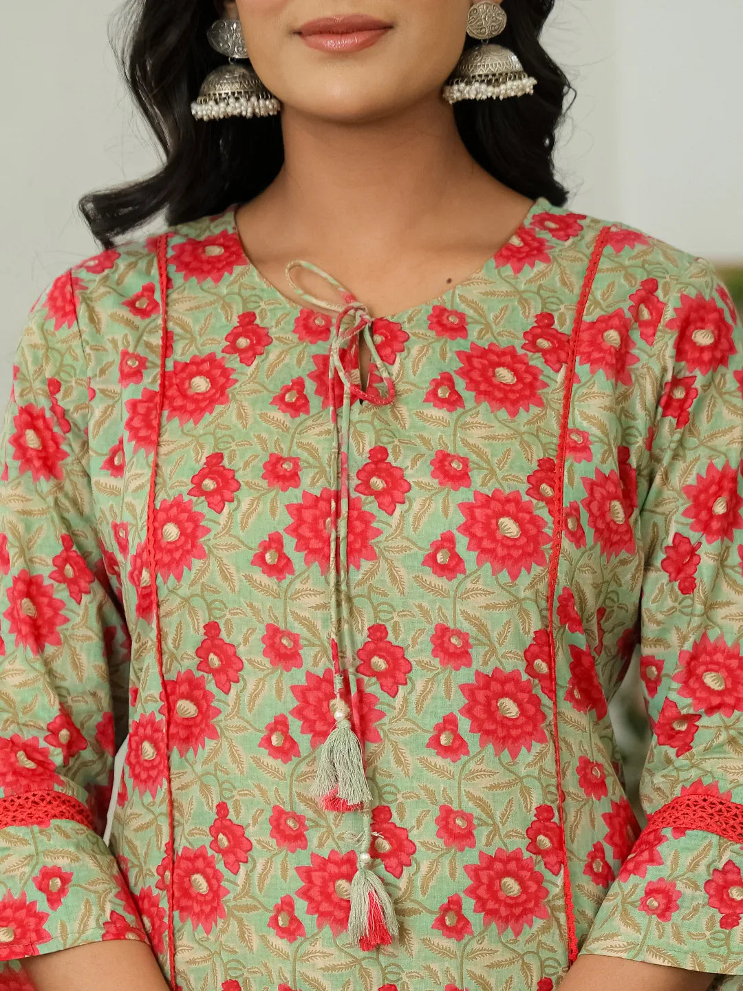 Sea Green Cotton A-Line Kurta Dupatta Set