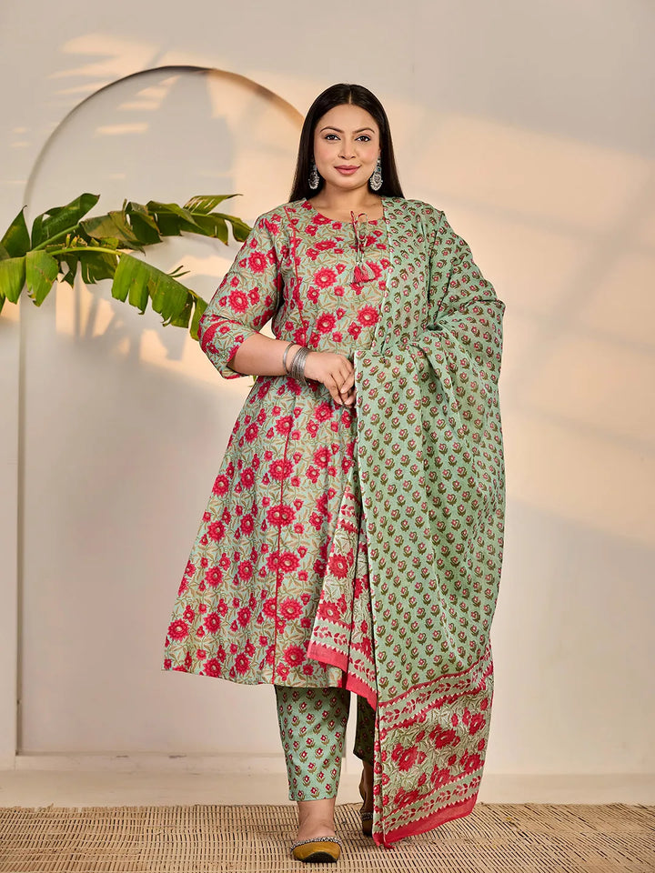 Sea Green Cotton A-Line Plus Size Kurta Dupatta Set-Yufta Store-6518PSKDSG3XL