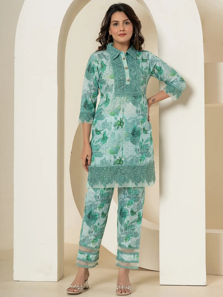 Sea Green Cotton Schiffli Co-Ord Set With Lace Detailing-Yufta Store-7191CRDSGS