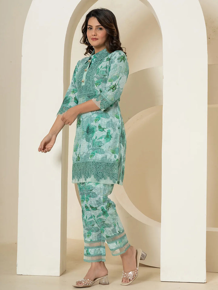 Sea Green Cotton Schiffli Co-Ord Set With Lace Detailing-Yufta Store-7191CRDSGS