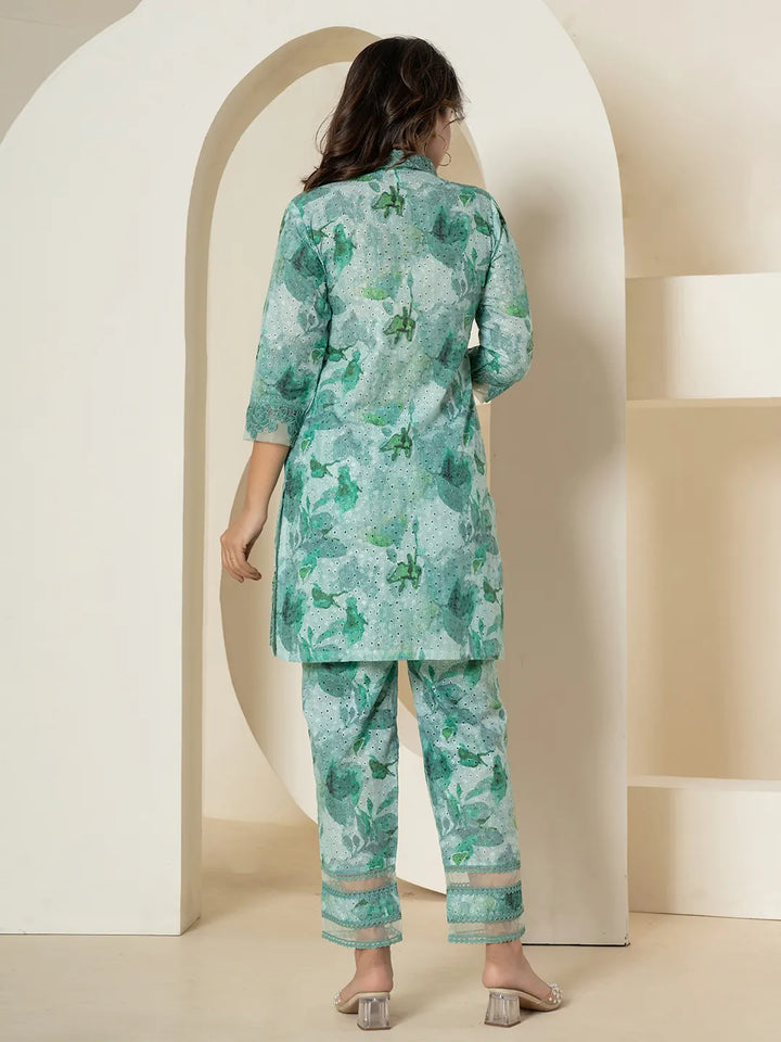 Sea Green Cotton Schiffli Co-Ord Set With Lace Detailing-Yufta Store-7191CRDSGS