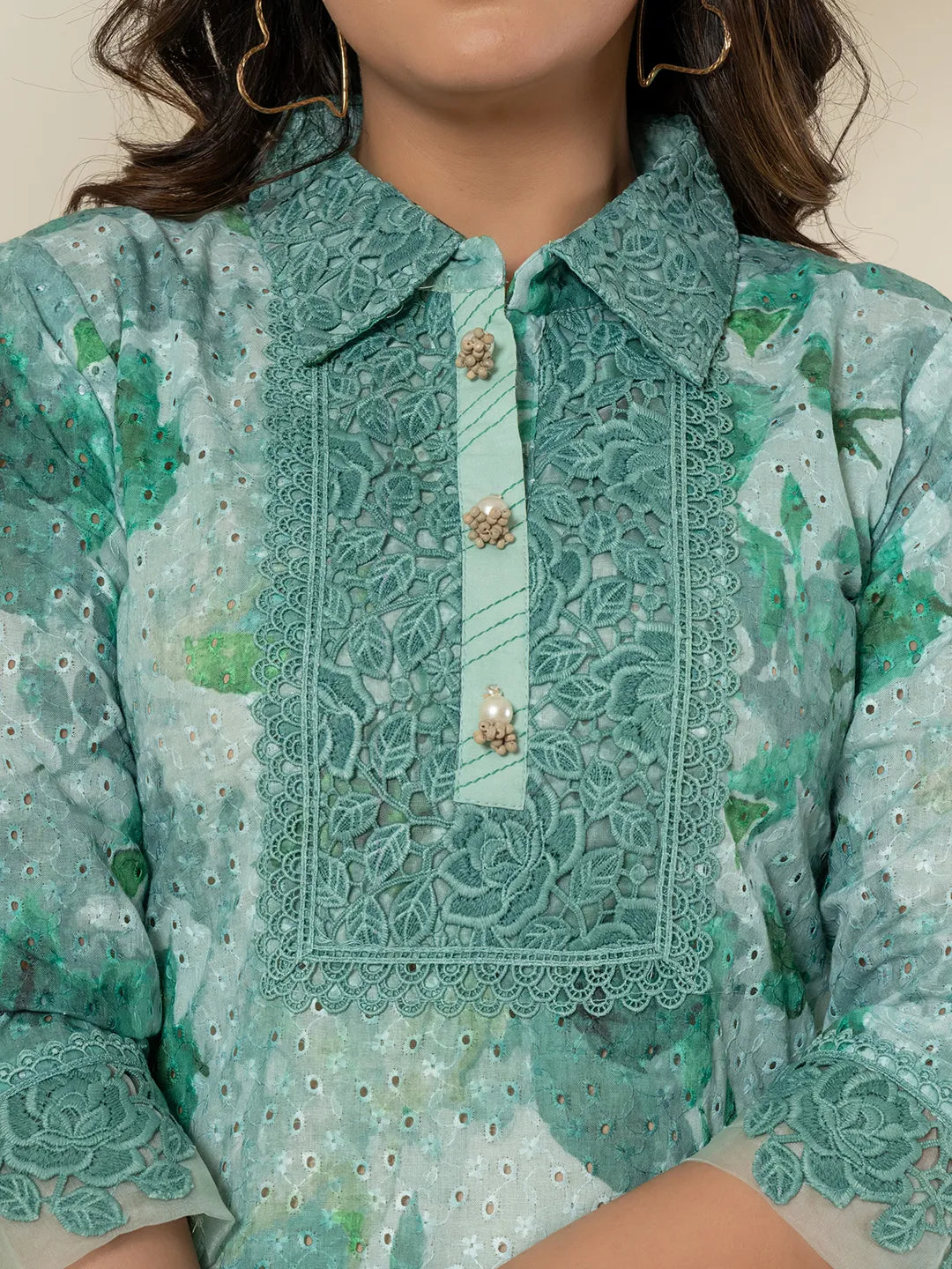 Sea Green Cotton Schiffli Co-Ord Set With Lace Detailing-Yufta Store-7191CRDSGS