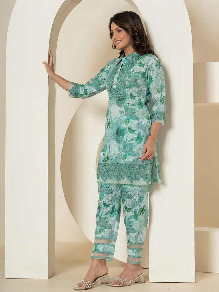 Sea Green Cotton Schiffli Co-Ord Set With Lace Detailing-Yufta Store-7191CRDSGS