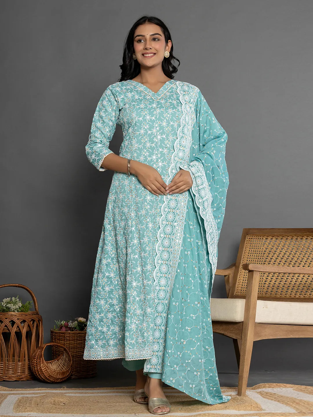 Sea Green Cotton Silk Embroidered Anarkali Kurta Dupatta Set-Yufta Store-7153SKDSGS