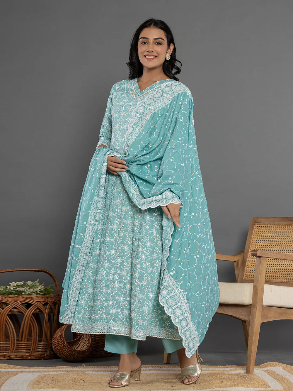 Sea Green Cotton Silk Embroidered Anarkali Kurta Dupatta Set-Yufta Store-7153SKDSGS