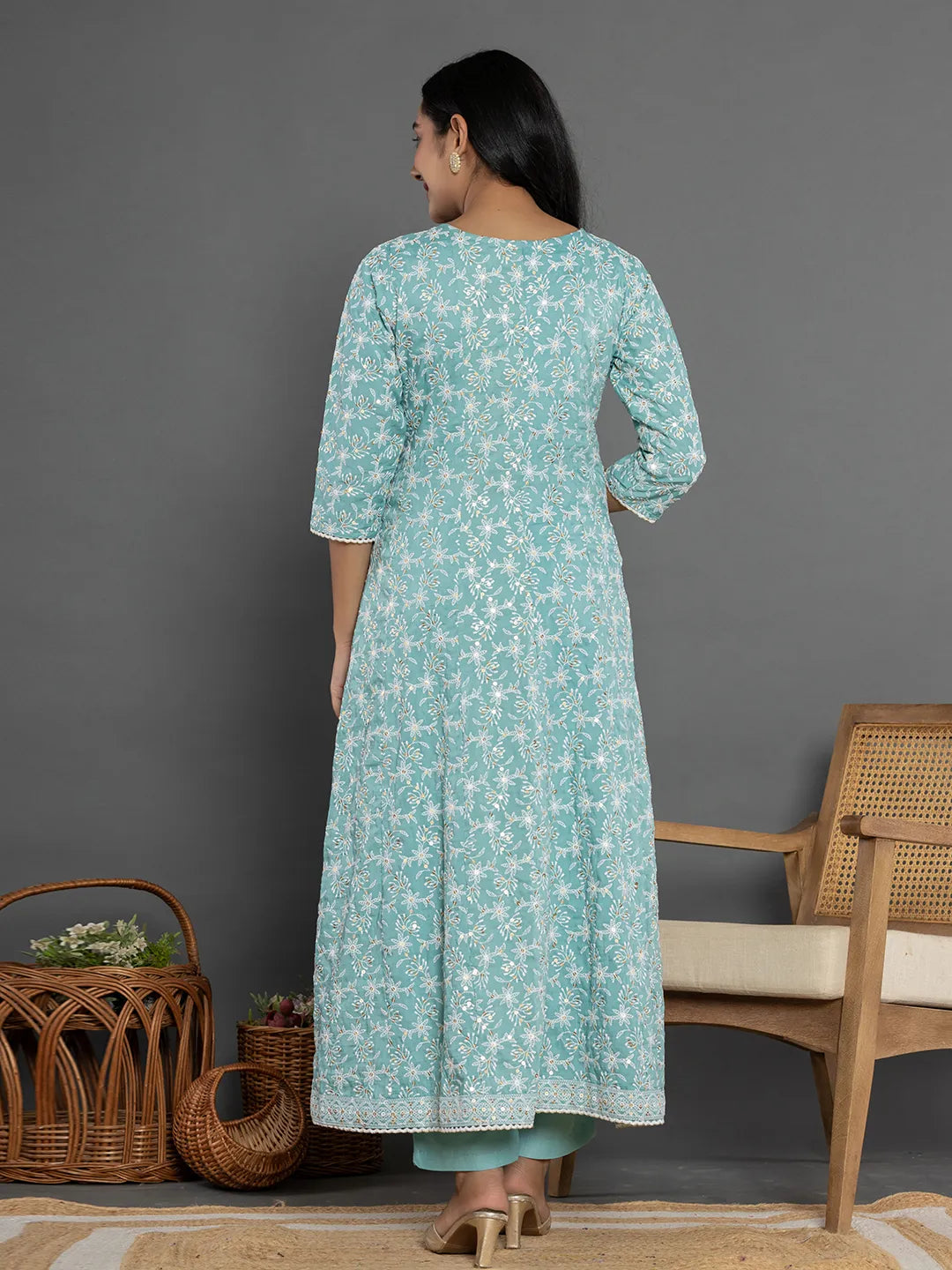 Sea Green Cotton Silk Embroidered Anarkali Kurta Dupatta Set-Yufta Store-7153SKDSGS